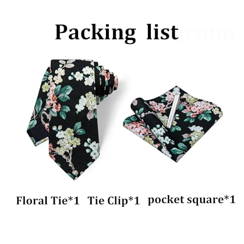 Image of YourTies Cotton Floral Tie for Men 2.5 inch Printed Skinny Necktie Pocket Square Tie Clip Set Flower Wedding Party Groom