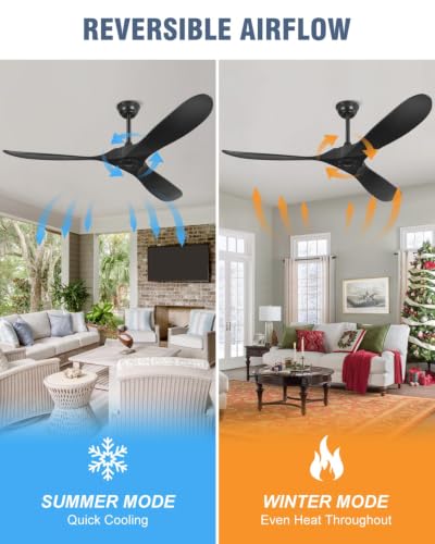 Image of Outdoor Ceiling Fan No Light for Patios, 52 In Black Ceiling Fan Without Light with Smart App & Remote Control, Damp Rated 3-Blade ABS Plastic, High CFM, Quiet DC Motor, Modern Indoor Porch Exterior