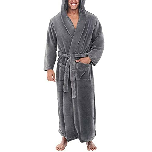 Mens Hooded Fleece Robe Plush Long Bathrobes Bath Robe for Men Grey XXXXL