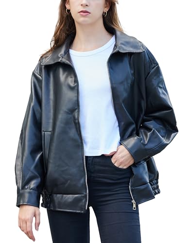 Womens Oversized Faux Leather Motocycle Jacket Zip Up Outwear Coat with Pockets2