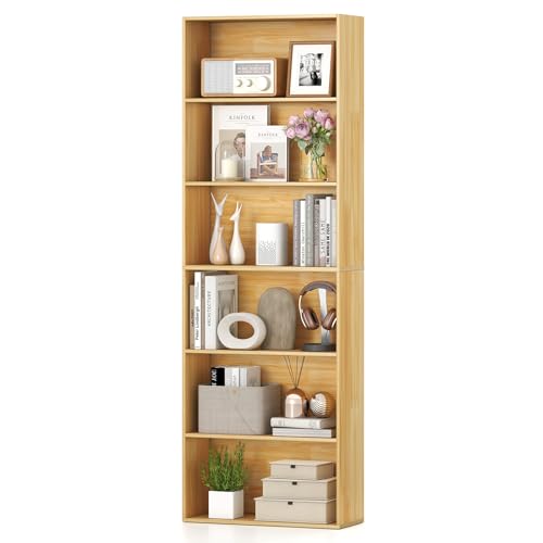 GIANTEX 6-Tier Bookcase, 70" Tall Wooden Bookshelf, Freestanding Storage Organizer w/Open Shelves, Anti-Tipping Kits, Modern Floor Standing Display Shelves for Living Room, Bedroom,Burlywood