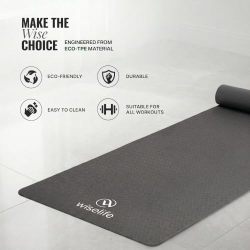 Image of WiseLife Classic Eco-TPE 10 MM Yoga Mat with Yoga Strap for Men & Women | Extra Thick, Long & Wide Non-Slip, Anti-Tear Exercise Mat for Home, Gym, Workout, Fitness, Yoga & Pilates (Black)