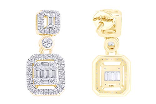 Baguette And Round Cut Sparkling White Cubic Zirconia Halo Cluster Dangle Earrings With Screw Back In 14K Yellow Gold Plated 925 Sterling Silver Jewelry For Womens #TOP2