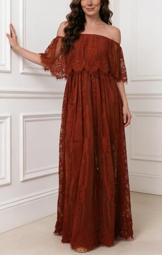 Image of HOYISHION Women's Off The Shoulder Floral Lace Maxi Dress White Bridesmaid Wedding Party Maternity Photoshoot Long Dresses