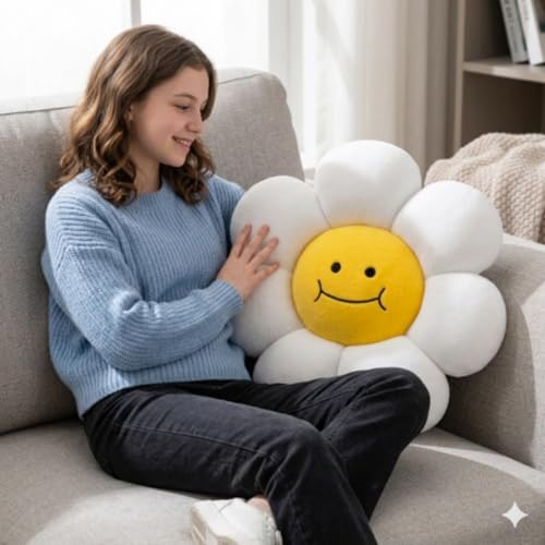 Image of AVSHUB Smiley Flower Cushion 40 cm | Soft Plush Pillow for Sofa Bed Decor | Cute Round Floral Shape Throw Cushion for Kids Room Living Room Gift Item (White)