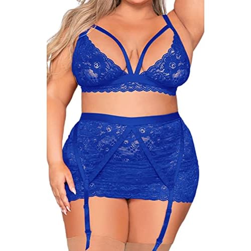 Plus Size Lingerie Set for Women Floral Lace Scallop Trim Bra high waist skirt Garter Lingerie Set 4X-Large Blue