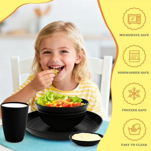 Image of Wheat Straw Dinnerware Sets 16 PCS, Unbreakable Kids Plates and Bowls for 4-9 IN Plates, 26 OZ Cereal Bowls, 2 OZ Dipping Bowl, 12 OZ Cups, Dishwasher & Microwave Safe Plate Set - Black