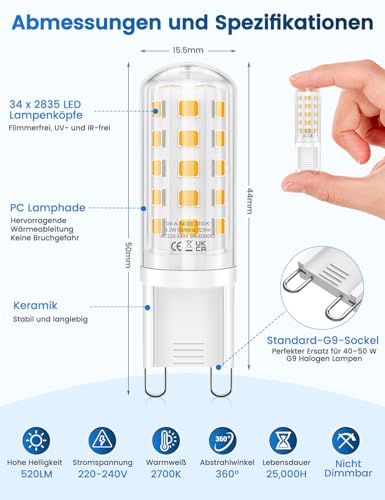 QOJUX G9 LED Warmweiß 3.2W, 520LM Energieeffizienzklasse C LED Leuchtmittel Ersatz für 40W-50W Halogenlampe, 2700K G9 Glühbirne Kein Flackern, Nicht Dimmbar, Enegiesparende Kleine Birne 5er Pack