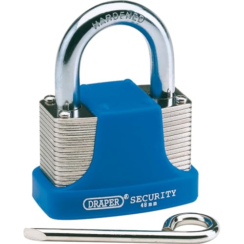 Draper 64158 48 mm Resettable 4-Number Combination Laminated Steel Padlock with Hardened Steel Shackle and Bumper, Blue