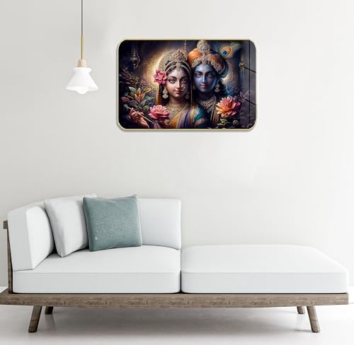 Image of Masstone Radha Krishna Crystal Embedded High Gloss Wall Painting, Golden Slim Frame, 45x30 Cm Wall Art for Living Room, Bedroom, Office & Home Decor (HG06)