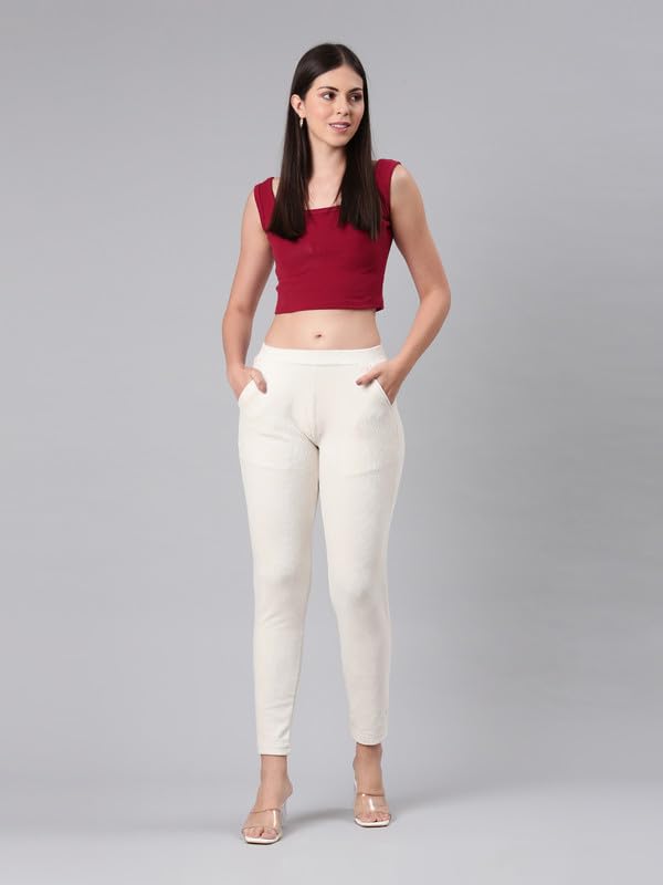 Image of GO COLORS Solid Corduroy Treggings for Women | Warmtech, Mid Rise, Side Pocket