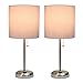Simple Designs LC2001-GRY-2PK Brushed Steel Stick Table Lamp Set with Charging Outlet and Gray Fabric Shades, 2 Pack Set