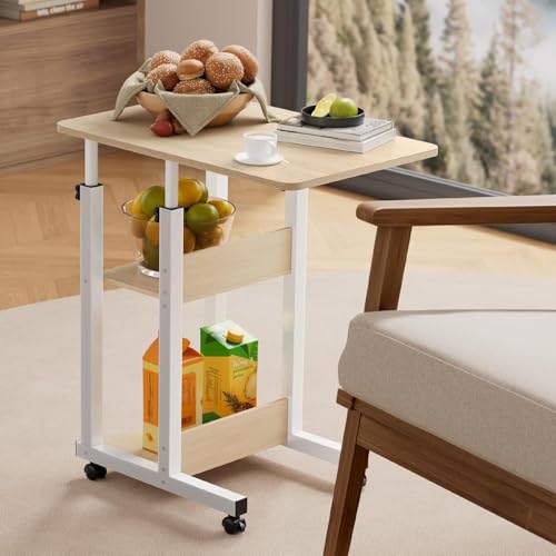 BTGGG Overbed Table with Lockable Wheels Movable Hospital Bed Table with 2 Storage Shelves Adjustable 68~85cm Height Lightweight Over Bed Table for Bed Sofa Elderly Care Beige