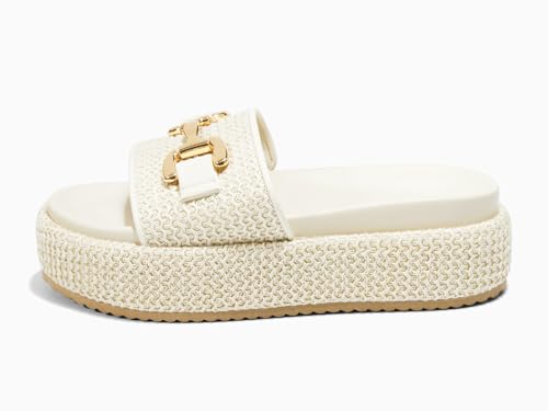 Image of Coutgo Womens Platform Sandals Raffia Espadrilles Metal Chain Slip on Open Toe Cute Beach Slide Sandals