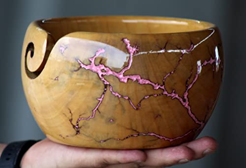 Image of Lichtenberg Figure Yarn Bowl - Handmade Wooden Yarn Bowl for Knitting Yarn Ball Holder - Yarn Bowls with Holes Crochet Bowl Holder - Yarn Storage Bowl 7 inch x 4 inch inches (Pink)