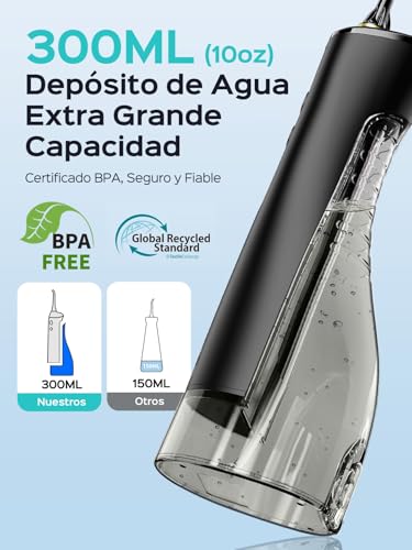 COSLUS Irrigador Dental Inalambrico 2025 Upgraded Limpiador Dientes Eléctrico: 10 Niveles de Control Suave 300ML Irrigador Dental Portatil Recargable Irrigador Bucal a Prueba Agua (Negro) - imagen 7
