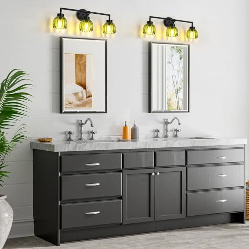 Generies Bathroom Light Fixtures, 3-Light Black Bathroom Vanity Light Over Mirror with Green Tulip Glass Shades, Vintage Vanity Wall Lights for Mirror Bedroom Living Room Hallway - Thumbnail 7