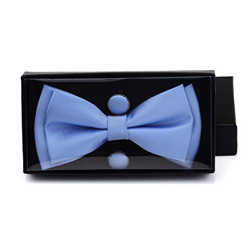 Image of GUSLESON Mens Solid Color Two Layer Pre-tied Bow Tie and Pocket Square Cufflink Set with Gift Box