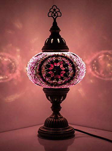DEMMEX 2019 Turkish Moroccan Mosaic Table Lamp with US Plug & Socket, Handmade Desk Bedside Table Night Lamp, Decorative Tiffany Lamp Light, Pink & Red
