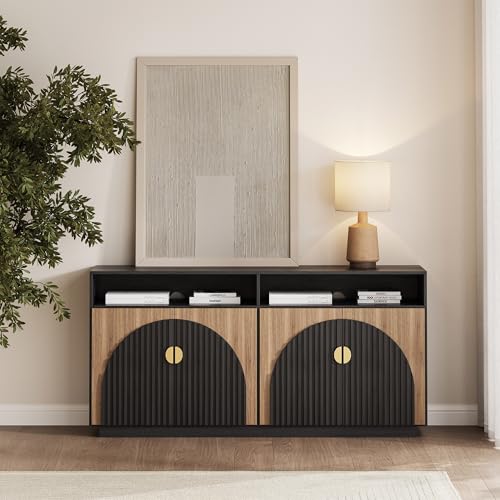 Image of BELLEZE 65-inch Fluted Sideboard Buffet Cabinet with Open Shelf, Mid Century Modern Sideboard with Adjustable Shelves & Cable Management, Wooden Accent Cabinet for Living Room - Camel