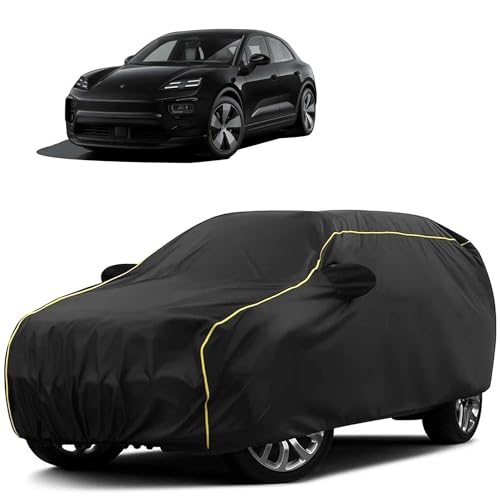 Image of Sulfar 100% Water Resistant Car Body Cover Compatible with Mirror for Porsche Macan (Triple Stitched, Full Bottom Elastic, Black Tafetta with Yellow Piping)