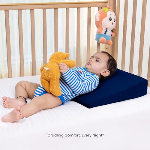 Image of Cherilo Half Size Elevated Wedge Pillow for Baby Crib & Mattress, Helps to Elevate Baby for Acid Reflux, Colic, GERD, Heat Burn & Vomiting -19 inch x 13.5 inch x 3 inch - with Removable Velvet Cover - Navy Blue
