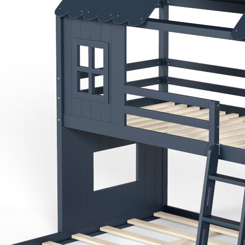Image of Bellemave Bunk beds Twin Over Full with Slide,Ladders,Bookshelf and Wardrobe House roof Design, Low bunk /loft Bed for Kids,Blue