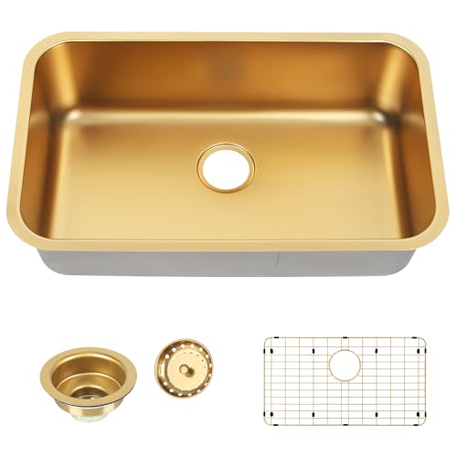 Image of Gold Kitchen Sink 30 Inch, SUS304 Stainless Steel Undemount Kitchen Sinks, 30 inch x 18 inch x 9 inch Large and Deep Single Bowl Kitchen Sinks With Grid and Sink Drain Assembly