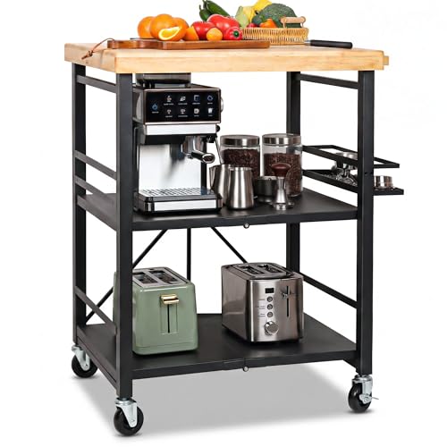 Image of Mythinglogic Foldable Kitchen Cart with Wheels, Rolling Kitchen Island with Wood Top, 3-Tier Microwave Stand Coffee Bar Cart with Side Storage Rack, Black