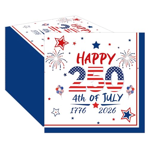 50pcs 250th Anniversary 4th of July Napkins-Patriotic Disposable Luncheon Dinner Paper Napkins for Independence Memorial Day Patriotic American Fourth of July Party Supplies 13 x 13 Inches
