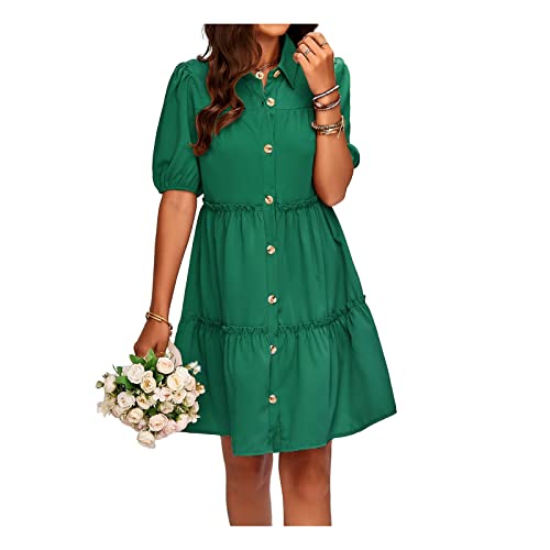 AYBIOSD Vestidos De Verano para Las Mujeres Elegante Vestido Corto De Manga Burbuja Color Sólido Tiered Mini Vestidos,Verde,S