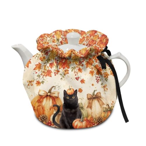 Image of Fall Bow Tea Cozy Cover Insulated Dust Cover for Teapot Black Cat Tea Pot Covers for Keeping Warm Kettle Protector Covers Washable Portable Party Decoration