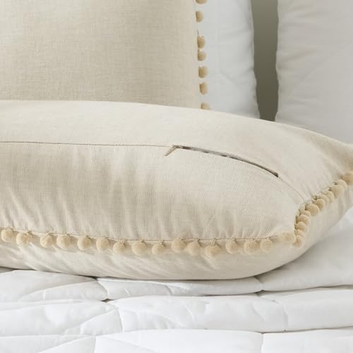 Image of 100% Cotton Pom Pom Cushion Without Filler, Elegant & Modern Cushion Cover for Living Room, Rectangle, 12 inchx20 inch, uni Chambray, Set of 2 - Beige