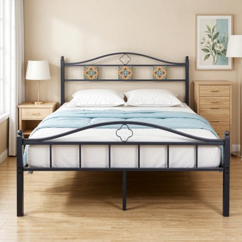 Little Big Nove Queen Metal Bed Frame with Ceramic Tile Decor Headboard