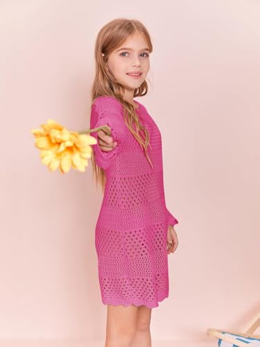 Batermoon Girls Crochet Long Sleeve Swimsuit Cover Up Kids Fashion Hollow Out Swimwear Beach Dress 5-14 Years4