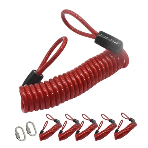 Floyutin 5 Pcs 4mm Wire Vinyl Coated Stainless Steel Cable with Loops Spring Coiled Wire Rope Lanyard Lock Security Chain Link for Outdoor Gates, Stretched 5FT Red