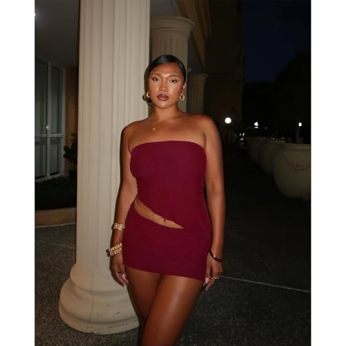 Image of Goafuliy Two Piece Skirt Set for Women Summer Asymmetrical Mesh Strapless Tube Tops Mini Skirt Set Going Out Outfits