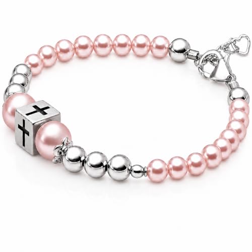 Image of Pink Pearl Bracelet, Sterling Silver Cross Charm Baptism Gifts for Girl