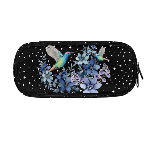 Image of Girls Boys Blue Hummingbird Flowers Stars Print Pencil Case, Pen Cases Stationery Pouch Storage Bag Desk Organizer for Back to School Supplies