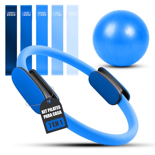 Genérico Set Pilates en casa con Aro, Pelota y Bandas Elásticas – Pack de Ejercicio Completo para Fitness, Yoga y Musculación – Ideal para Mujeres, Hombres y Embarazadas – Kit de Pilates en casa Azul