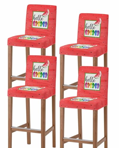 Colorful Striped Slippers Bar Stool Cover Set of 4, Stretch Removable Bar Stool Chair Covers with Backs Pub Counter Stool Chair Slipcover for Dining Room Kitchen Cafe Hello Summer Red Watermelon