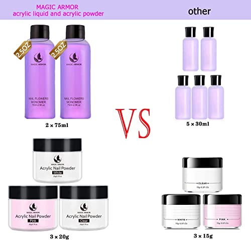 Magic Armor Acrylic Liquid Monomer And Acrylic Powder Set - 3 Colors Acrylic Powder Clear Pink White Professional Acrylic Monomer Liquid 5Oz Acrylic Nail System For Acrylic Nails Extension Kit #TOP2