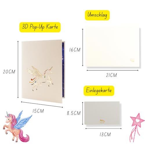 DORAFIORA® Pop-Up Karte Pegasus – 3D Klappkarte mit Regenbogen & Sternen | Magische Geburtstagskarte für Kinder & Erwachsene | Fantasievolle Grußkarte inkl. Umschlag