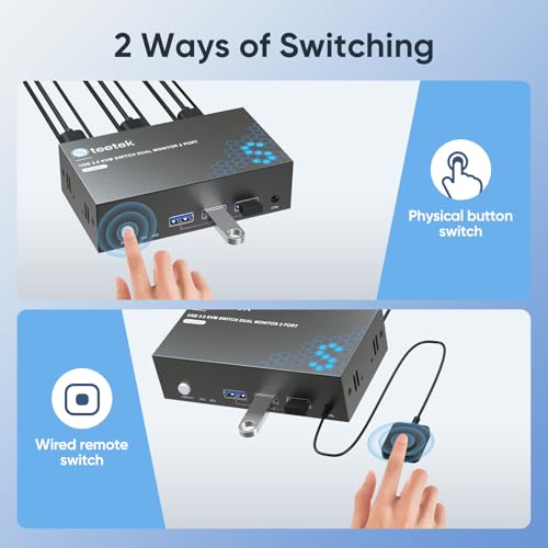 8K HDMI KVM Switch 2 Monitors 2 Computers, 8K@60Hz Dual KVM Switch for 2 Computers Sharing 2 Monitors, Keyboard, Mouse, Hard Drives, Printer, with EDID Adaptive, 2*USB Cables, and Controller.