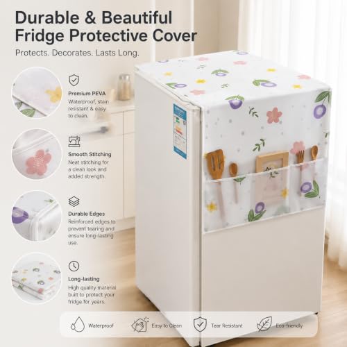 Image of Refrigerator Top Cover with 6 Storage Pockets, Waterproof Fridge Cover, Dustproof PEVA Fridge Mat for Kitchen, Washable Refrigerator Cover (Multi Print Design)