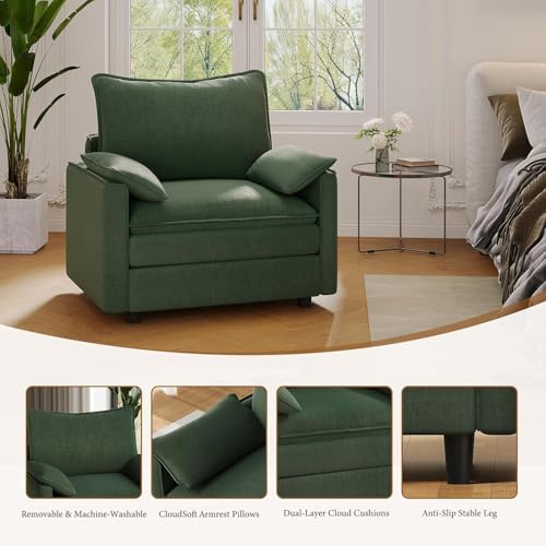 Image of Vesgantti 40 inch Single Seat Sofa, Comfy Cloud Couch Deep Seat Upholstered Couch Chenille Modern Sofa with Armrest Pillows, Easy Assembly for Living Room, Bedroom and Apartment, Green