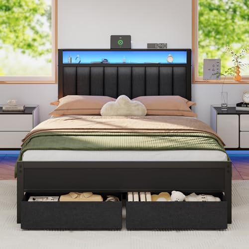 Furnulem Full Size Bed Frame with Charging Station and...