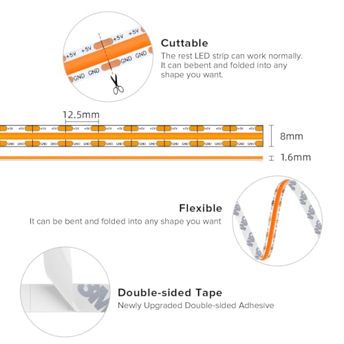 Image of BTF-LIGHTING FCOB COB LED Strip Lights 5V USB Powered Orange Color for TV | 3.28FT 320LEDs CRI90+ Dimmable Super Bright LED Light with 3M Tape for TV Backlight PC 3D Printer Cabinet Home DIY Lighting