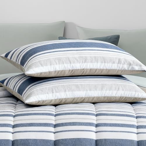Image of Monbix Full Size Comforter Set - 7 Pieces Bed in a Bag Full, Ocean Blue-Stripe Bedding Sets, All Seasons Comforter Bed Set with Sheets, Pillowcases & Shams