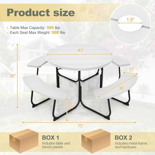 Image of Tangkula 8 Person Picnic Table, Outdoor Round Picnic Table with 4 Built-in Benches, Umbrella Hole, Metal Frame & HDPE Tabletop, Outside Table and Bench Set for Backyard, 2300lbs Weight Capacity